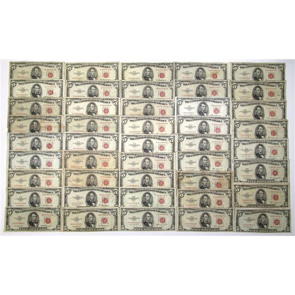 U. S. Legal Tender Note, $5, Series 1953 to Series 1953D, Issued Group of 44 Banknotes.