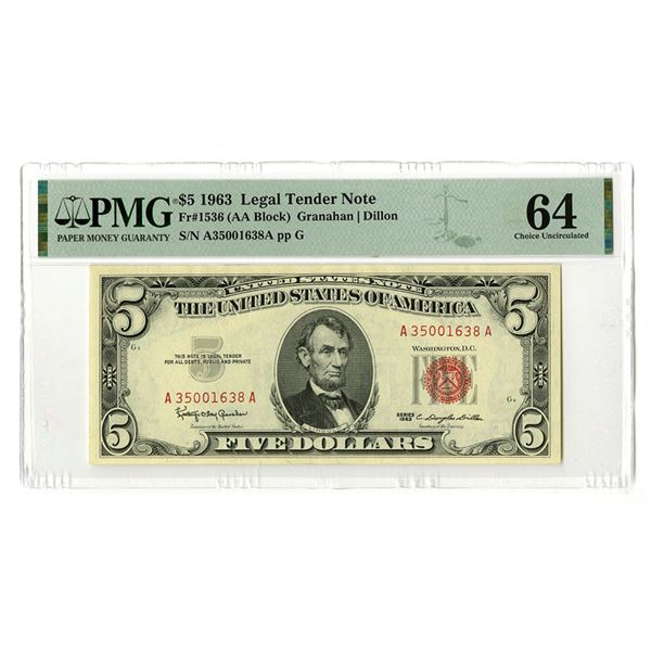 U.S., Legal Tender, $5, P-383, Series of 1963, Fr.# 1536, Issued BN, PMG CH UNC 64
