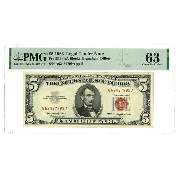 U.S., Legal Tender, 1963. $5, Series 1963 Fr.#1536, Issued Note. PMG CU 63