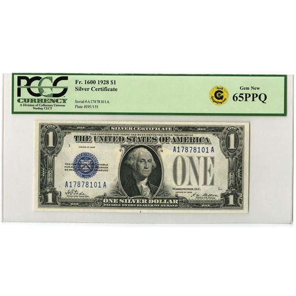 U.S. Silver Certificate. 1928 $1, Fr.# 1600, Issued Banknote, PCGS Gem New 65 PPQ