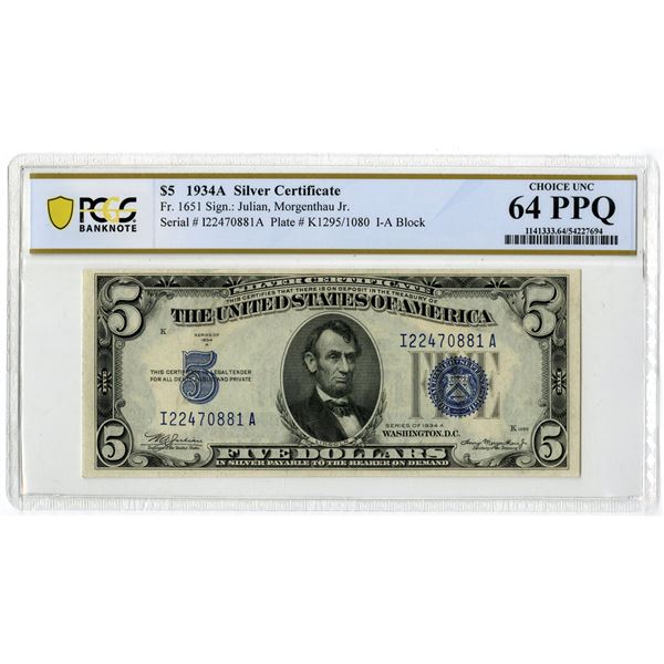 U.S. Silver Certificate. 1934A $5, Fr.# 1651, Issued Banknote, PCGS Choice Uncirculated 64 PPQ