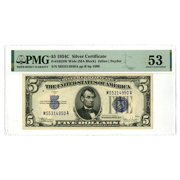 $5, Silver Cert. Series of 1934C, Fr.# 1653W, Issued Note. PMG AU 53