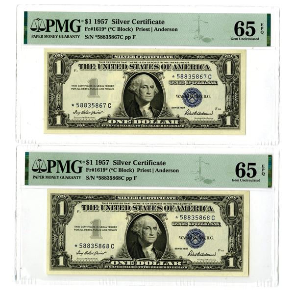 U.S. Silver Certificate, Series of 1957, Fr#1619* (*C Block) Star Note Sequential Pair, Both PMG Gem