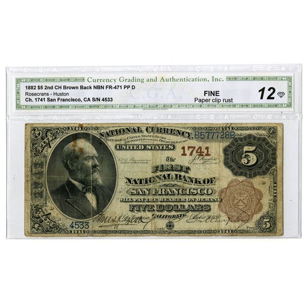 CA. First National Bank of San Francisco, California. $5, Series of 1882 Brown Back, Ch.# 1741, Fr.#