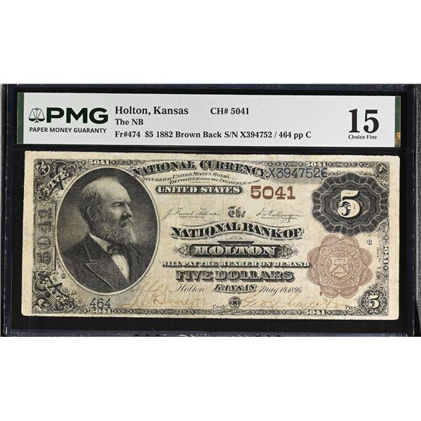 KS. National Bank of Holton, Kansas. $5, Series of 1882 BB, Ch.# 5041, Fr.# 474, Issued Banknote, PM