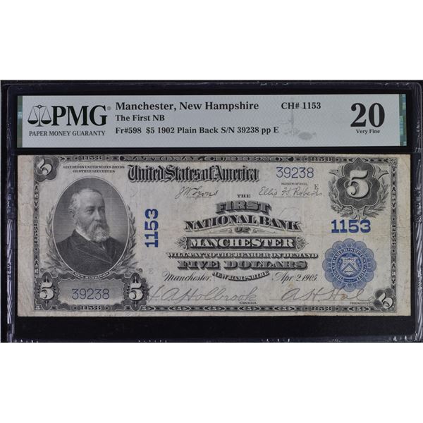 NH. First National Bank of Manchester, New Hampshire. $5, Series of 1902 Plain Back, Ch.# 1153, Fr.#