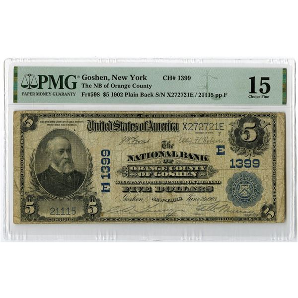 NY. National Bank of Orange County of Goshen, New York. $5, Series of 1902 Plain Back, Ch.# 1399, Fr