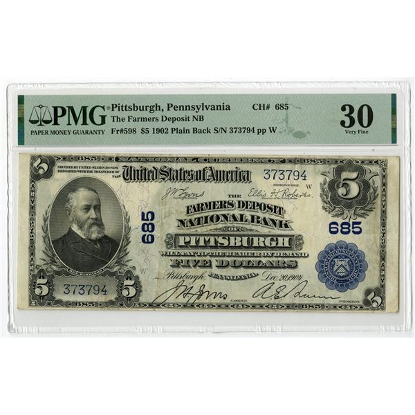 PA. Farmers Deposit National Bank of Pittsburgh, Pennsylvania. $5, Series of 1902 Plain Back, Ch.# 6