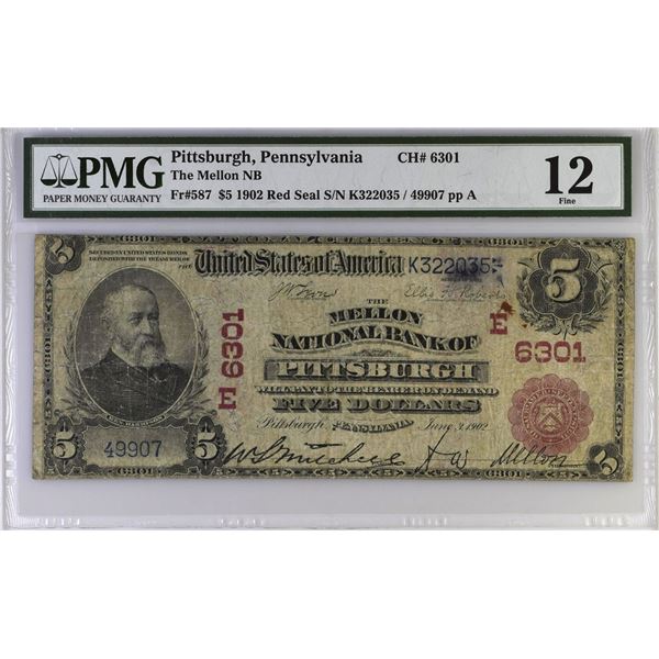 PA. Mellon National Bank of Pittsburgh, Pennsylvania. $5, Series of 1902 Red Seal, Ch.# 6301, Fr.# 5