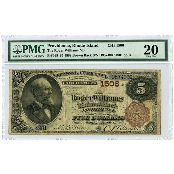 RI. Roger Williams National Bank of Providence, Rhode Island. $5, Series of 1882 Brown Back, Ch.# 15