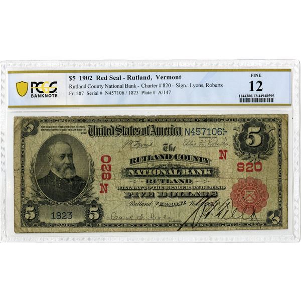 VT. Rutland County National Bank of Rutland, Vermont. $5, Series of 1902 Red Seal, Ch.# 820, Fr.# 58