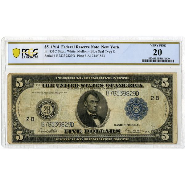 U.S. F.R.N., New York. 1914 $5, Fr.# 851C, Issued Banknote, PCGS Very Fine 20