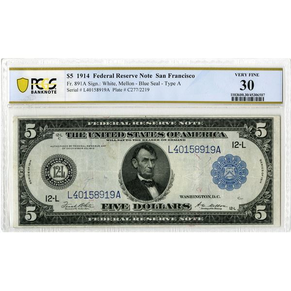 U.S. F.R.N., San Francisco. 1914 $5, Fr.# 891A, Issued Banknote, PCGS Very Fine 30