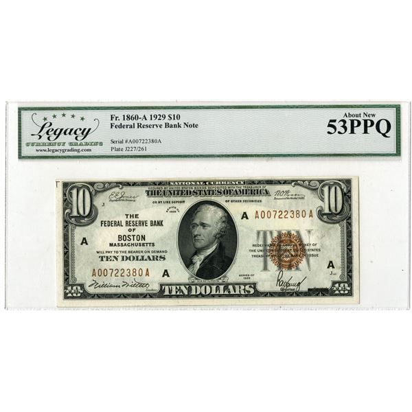 U.S. Federal Reserve Bank Note, Boston. 1929 $10, Fr.# 1860-A, Issued Banknote, Legacy About New 53 
