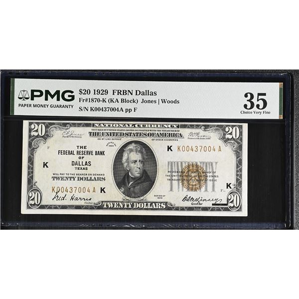 U.S. F.R.N., Dallas. 1929 $20, Fr.# 1870-K, Issued Banknote, PMG Choice Very Fine 35