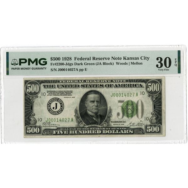 U.S. F.R.N., Kansas City. 1928 $500, Fr.# 2200-J, Issued Banknote, PMG Very Fine 30 EPQ