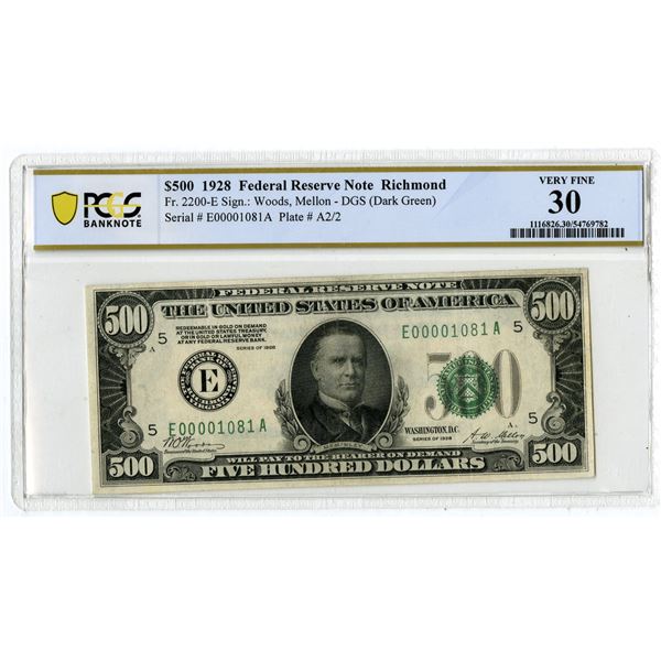 U.S. F.R.N., Richmond. 1928 $500, Fr.# 2200-E, Issued Banknote, PCGS Very Fine 30