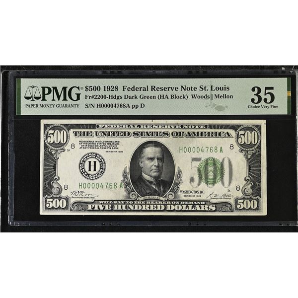 U.S. F.R.N., St. Louis. 1928 $500, Fr.# 2200-H, Issued Banknote, PMG Choice Very Fine 35