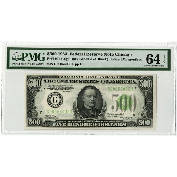U.S. F.R.N., Chicago. 1934 $500, Fr.# 2201-G, Issued Banknote, PMG Choice Uncirculated 64 EPQ