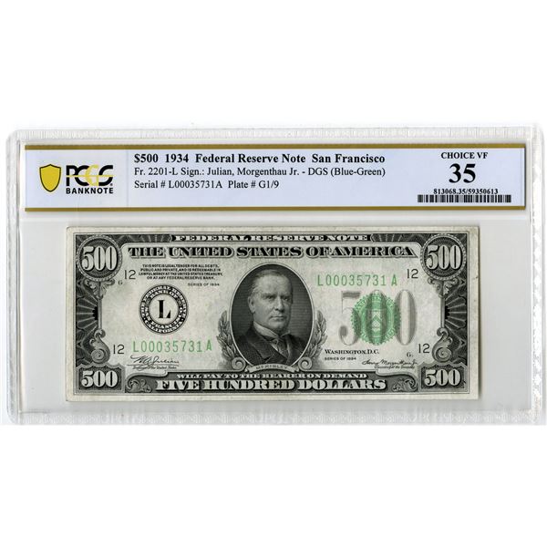 U.S. F.R.N., San Francisco. 1934 $500, Fr.# 2201-L, Issued Banknote, PCGS Choice Very Fine 35