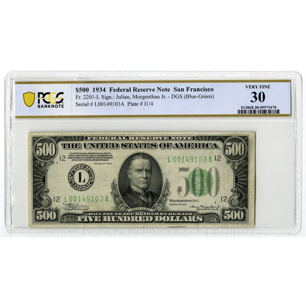 U.S. F.R.N., San Francisco. 1934 $500, Fr.# 2201-L, Issued Banknote, PCGS Very Fine 30