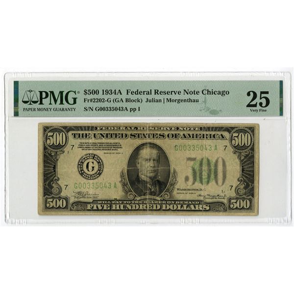 U.S. F.R.N., Chicago. 1934A $500, Fr.# 2202-G, Issued Banknote, PMG Very Fine 25