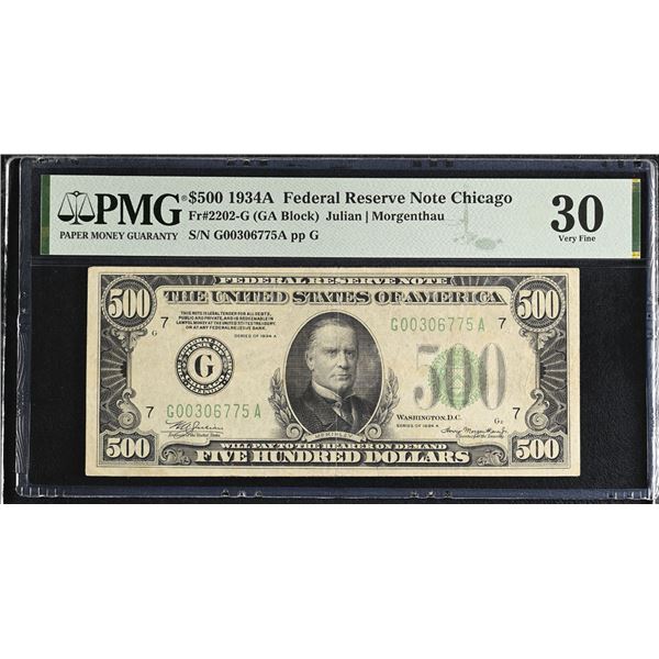 U.S. F.R.N., Chicago. 1934A $500, Fr.# 2202-G, Issued Banknote, PMG Very Fine 30
