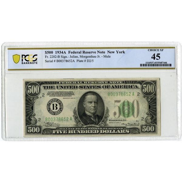 U.S. F.R.N., New York. 1934A $500, Fr.# 2202-B, Issued Banknote, PCGS Choice Extremely Fine 45