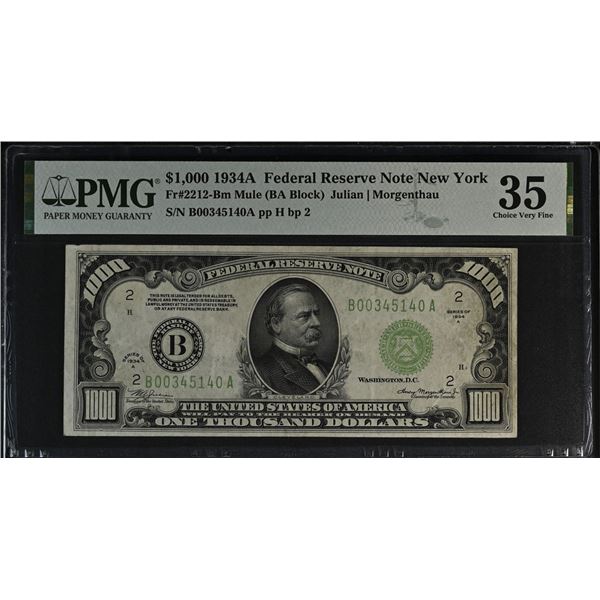 U.S. F.R.N., New York. 1934A $1,000, Fr.# 2212-Bm, Issued Banknote, PMG Choice Very Fine 35