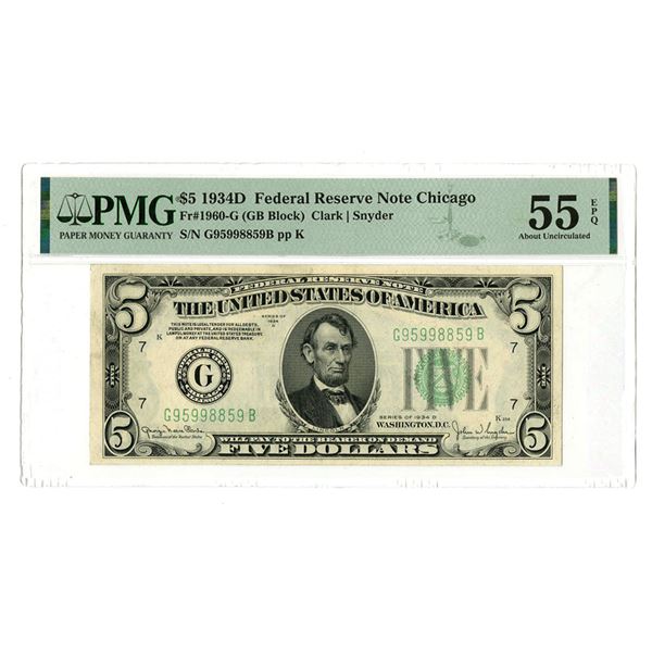 U.S., F.R.N., $5, Series of 1934D, Fr.# 1960G, Issued Banknote. PMG AU 55 EPQ