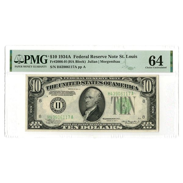 U.S., F.R.N., $10, Series 1934A Fr.#2006H, Issued Note. PMG CU 64