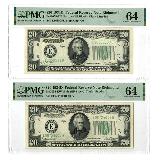 U.S., F.R.N., $20, Series of 1934D, Fr.# 2058EW, Issued Banknote Pair.