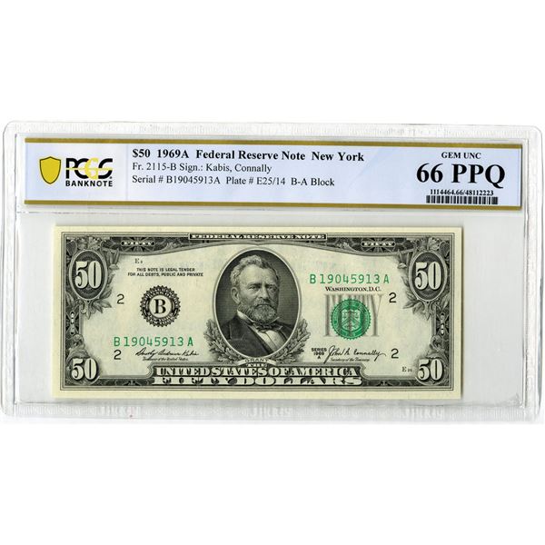 U.S. F.R.N., New York. 1969A $50, Fr.# 2115-B, Issued Banknote, PCGS Gem Uncirculated 66 PPQ