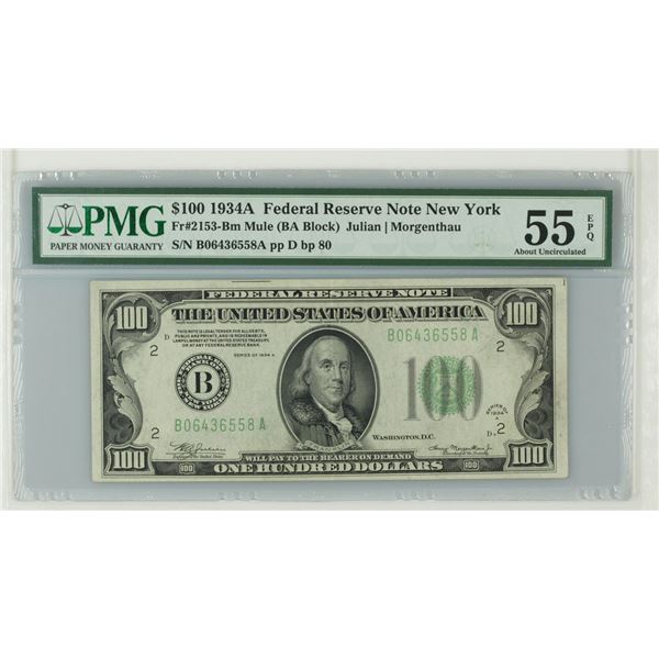 U.S. F.R.N., New York. 1934A $100, Fr.# 2153-Bm, Issued Banknote, PMG About Uncirculated 55 EPQ