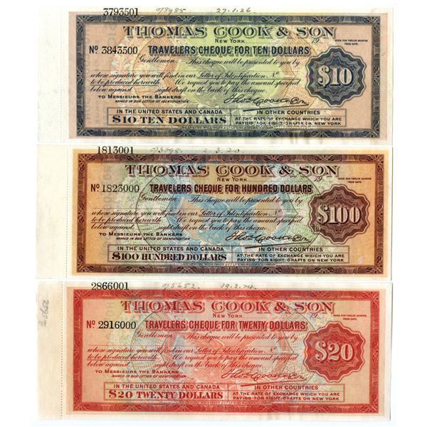 Canada & USA. Thomas Cook & Son Travelers Cheques, 1920 to 1926, Specimen Trio.