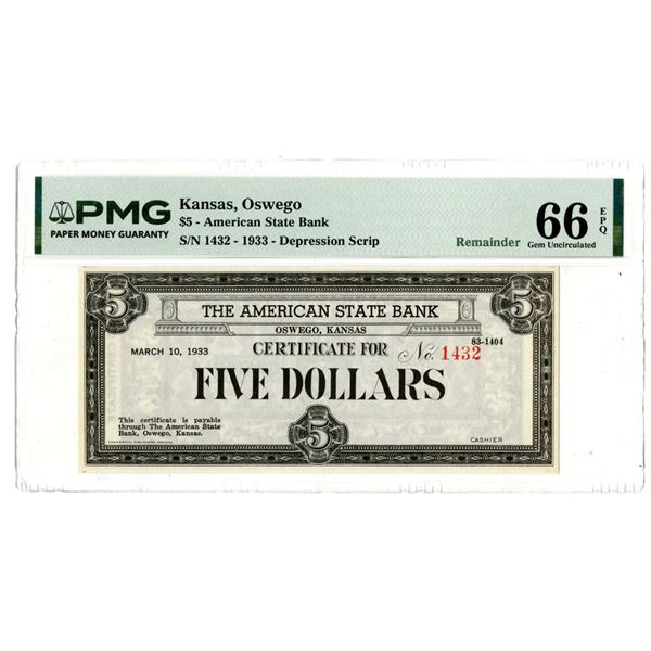 KS. American State Bank, 1933, $5 Remainder Depression Scrip Note.