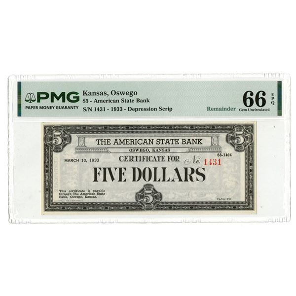 KS. American State Bank, 1933, Remainder Depression Scrip Note.