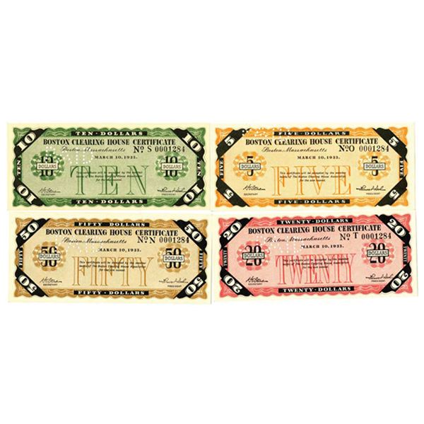 MA. Boston Clearing House, 1933, I/C Depression Scrip Quartet with Matching Serial Number "0001284".