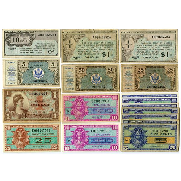 U.S. Military Payment Certificates, Series 461 to Series 521, Issued Banknote Assortment.
