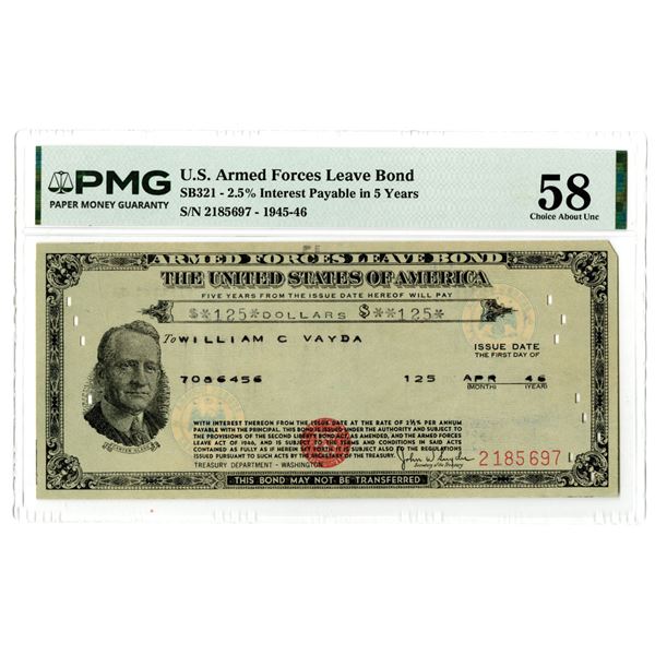 U.S., Armed Forces Leave Bond, 1946, $125, I/C, Savings Bond.
