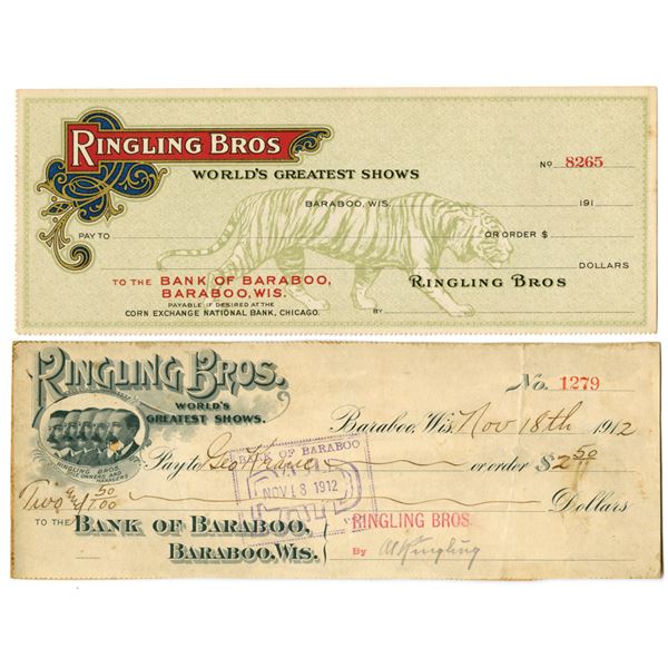 WS. Ringling Bros., ND (1910s) and 1912, I/C and Unissued Draft Pair, One Issued and Signed by Ringl