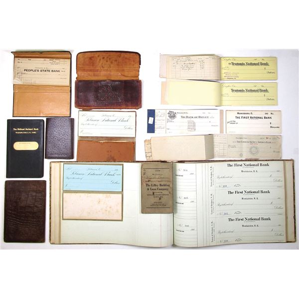 OH, IA, NH. Box Lot of Vintage Wallets, Billfolds & Check Registers with Unused Checks, ca.1900-1920