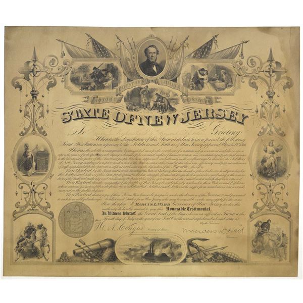 NJ. State of New Jersey Civil War Honorable Testimonial, 1866, Issued to Hiram G. Voorhees, 9th NJ V
