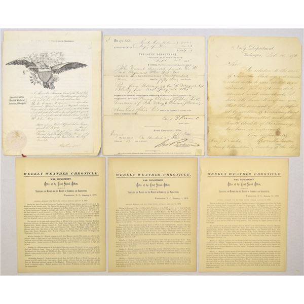 D.C., Civil War Era Military Pay Document Group with Navy Department Correspondence and 1879 Weather