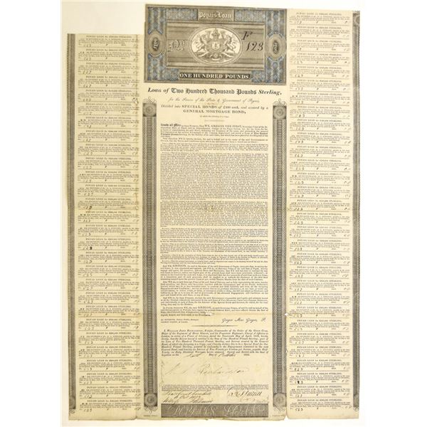 Honduras. Poyais Loan, 1823, £100,  I/U Coupon Bond  Loan for the Service of the State & Government 