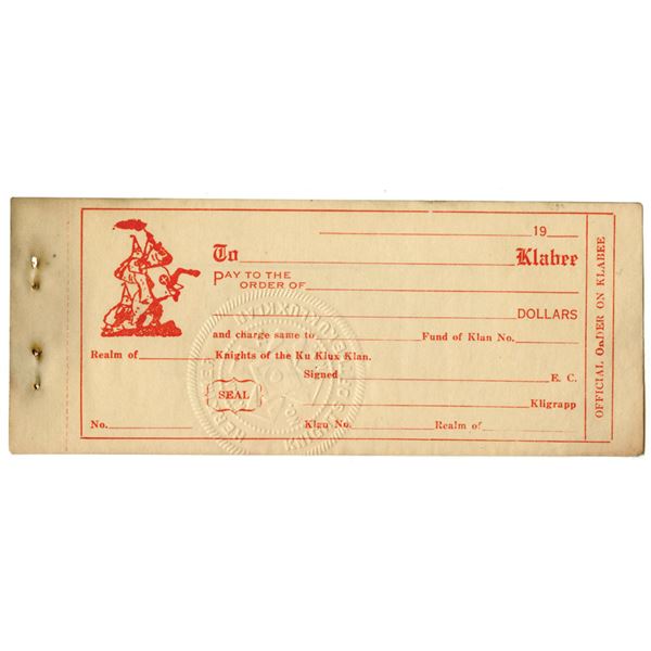 Ku Klux Klan, ca.1900-1920, Unissued Check.