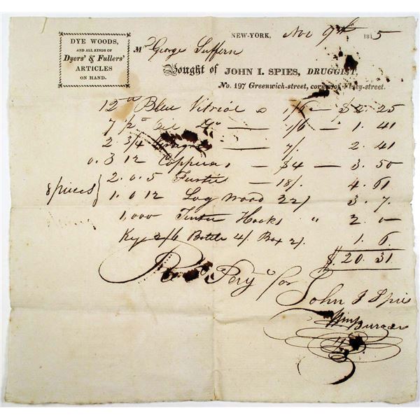 New York City, 1815 Receipt for John I. Spies, Druggist with List of Drugs Purchased.