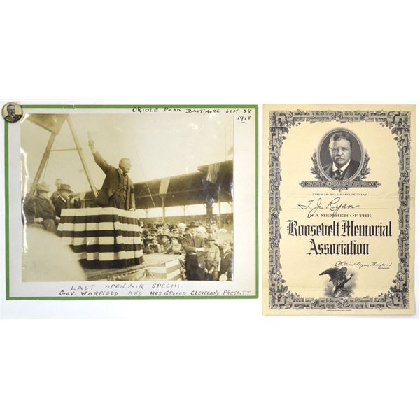 Theodore Roosevelt Photograph and Roosevelt Memorial Association Certificate, 1918