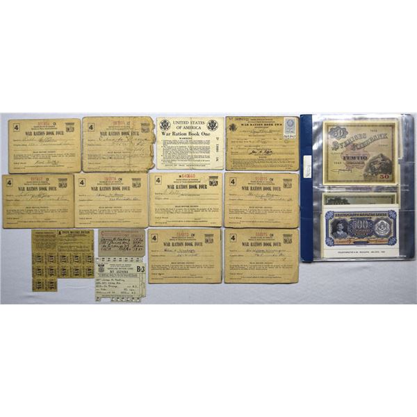 Ration Books, Gasoline Ration Card & Souvenir Banknote Assortment, 1943 to 1990s