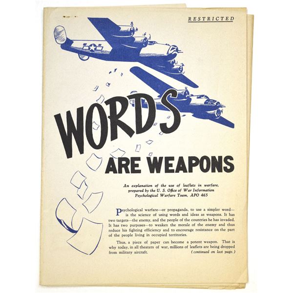 World War II U.S. Psychological Warfare Leaflets Manual with Original Propaganda Leaflet in a Govern